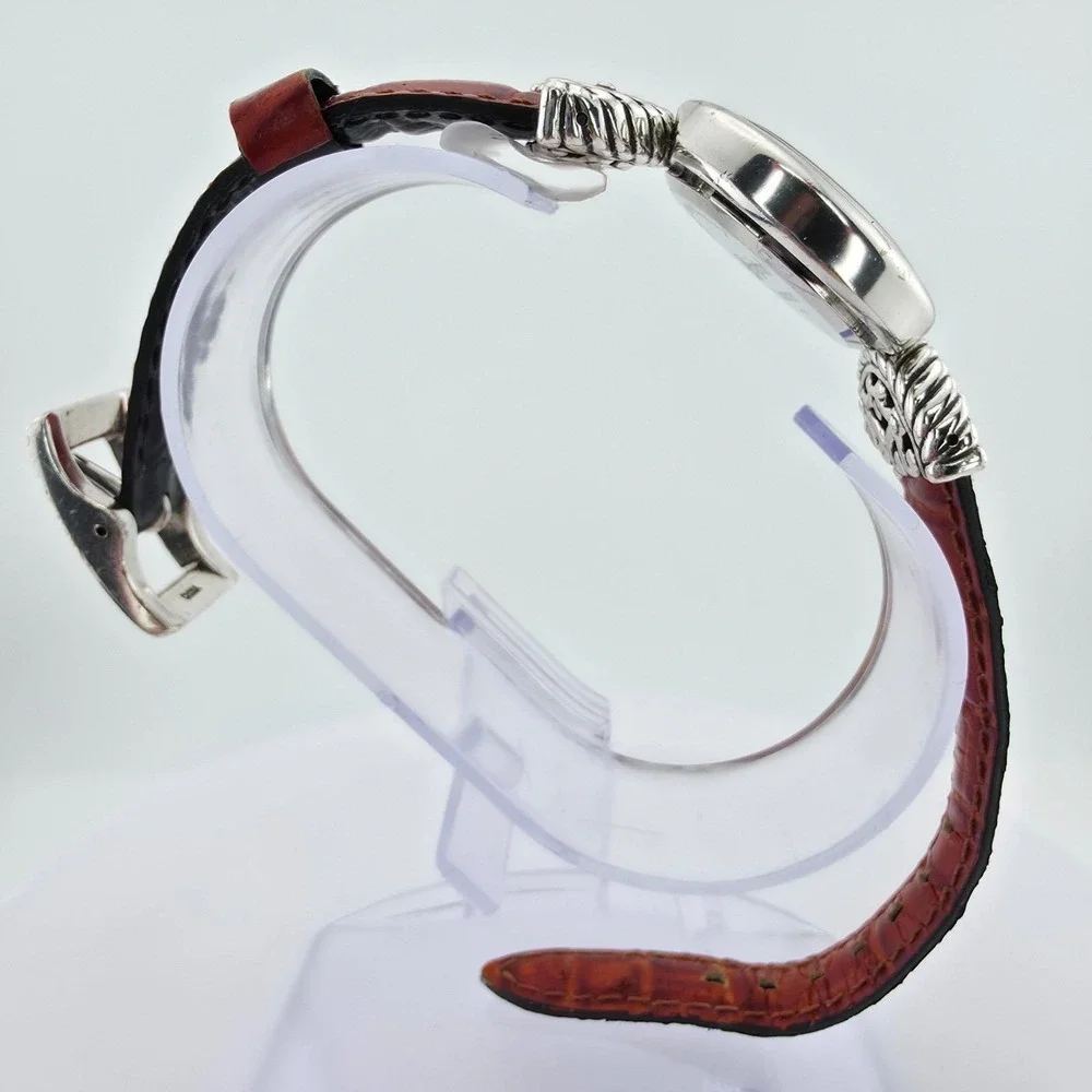 BRIGHTON 'Somerset' Watch Reversible Leather Black Brown Band Silver Plate 6.75